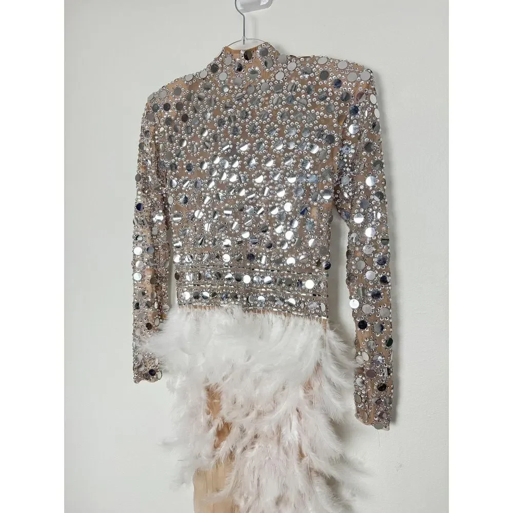 PURE X CHAOS Feather Dress Womens Large White Rhinestone Festival Party Show - Picture 15 of 15
